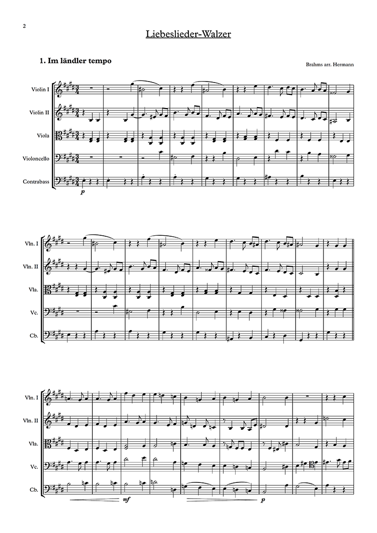ブラームス Brahms ワルツ 愛の歌 Liebeslieder Walzer Arranged For String Orchestra By Friedrich Hermann